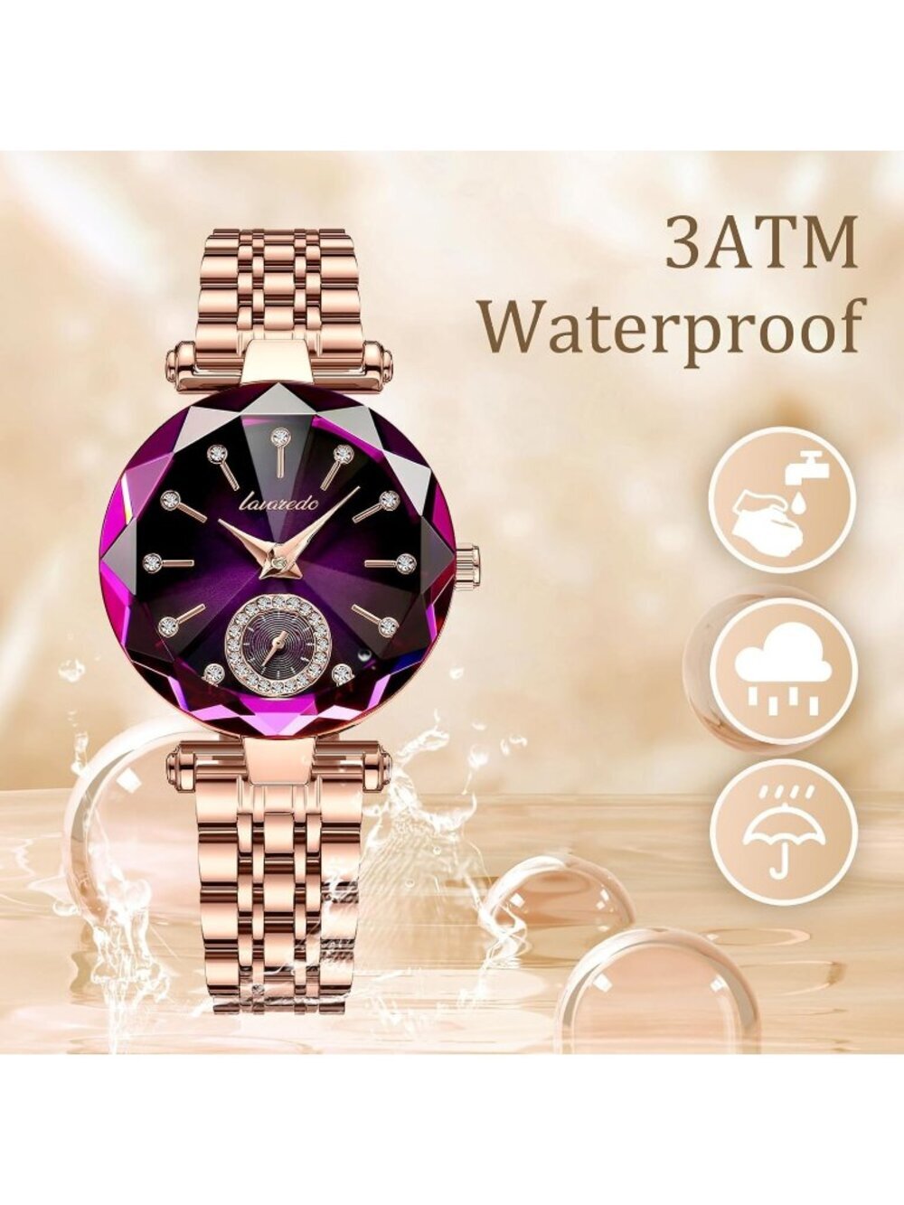 Women Gold Purple Elegant Stainless Steel Analog Creative Diamond Dial Watch - Picture 6 of 7